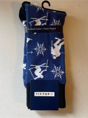 NWT Tip Top Men's Combed Cotton Novelty Dress Socks - Blue Winter Skier Theme